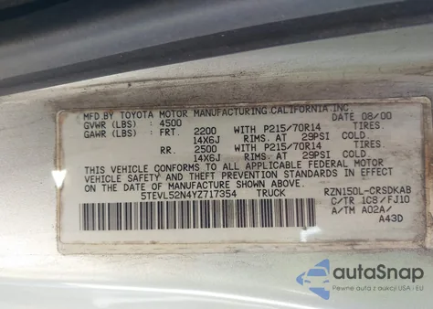 2000 Toyota Tacoma from USA, damaged, VIN 5TEVL52N4YZ717354